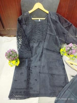 Blue Embroidered Organza Suit Set - 3 Pcs