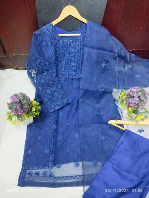 Blue Embroidered Organza Suit Set - 3 Pcs